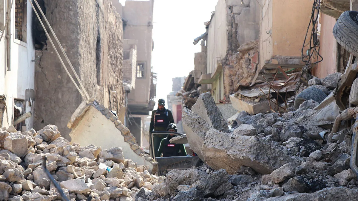 An UNMAS team in war-torn Mosul, Iraq, searches for, and clears, explosives in the rubble. Items hidden could be undetonated bombs, booby traps or suicide vests. Slow and dangerous work.