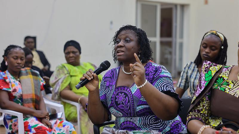 A woman speaks during a discussion facilitated by MONUSCO.
