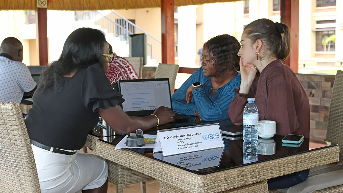 Staff from UNCAP consult with Chief LARRMU, Elise Metougue on their QMS Policy alignment Staff from UNCAP consult with Chief LARRMU, Elise Metougue on their QMS Policy alignment