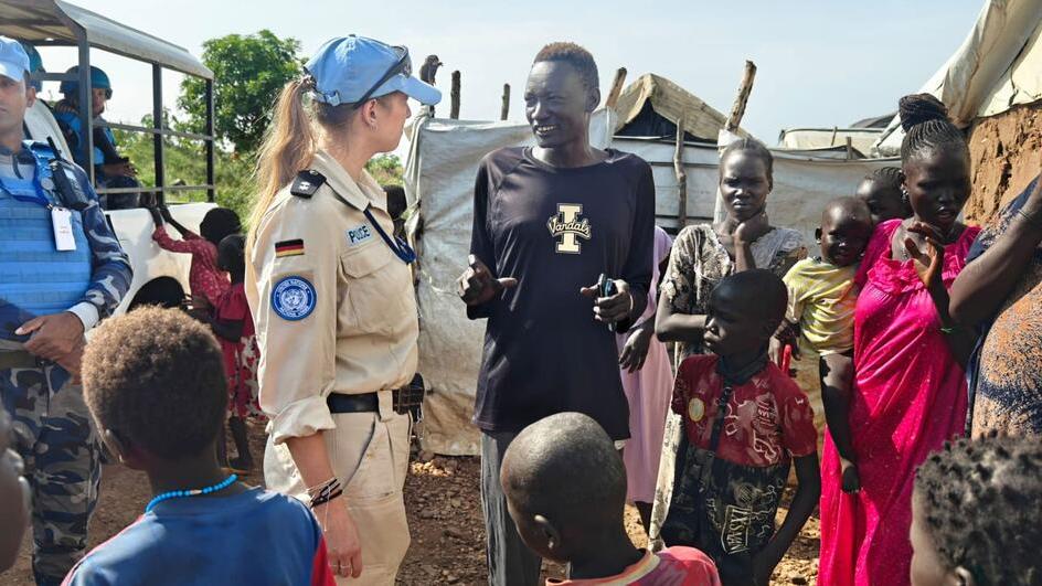 Inspector Stephanie Königs on patrol at an Internally Displaced Persons camp in South Sudan