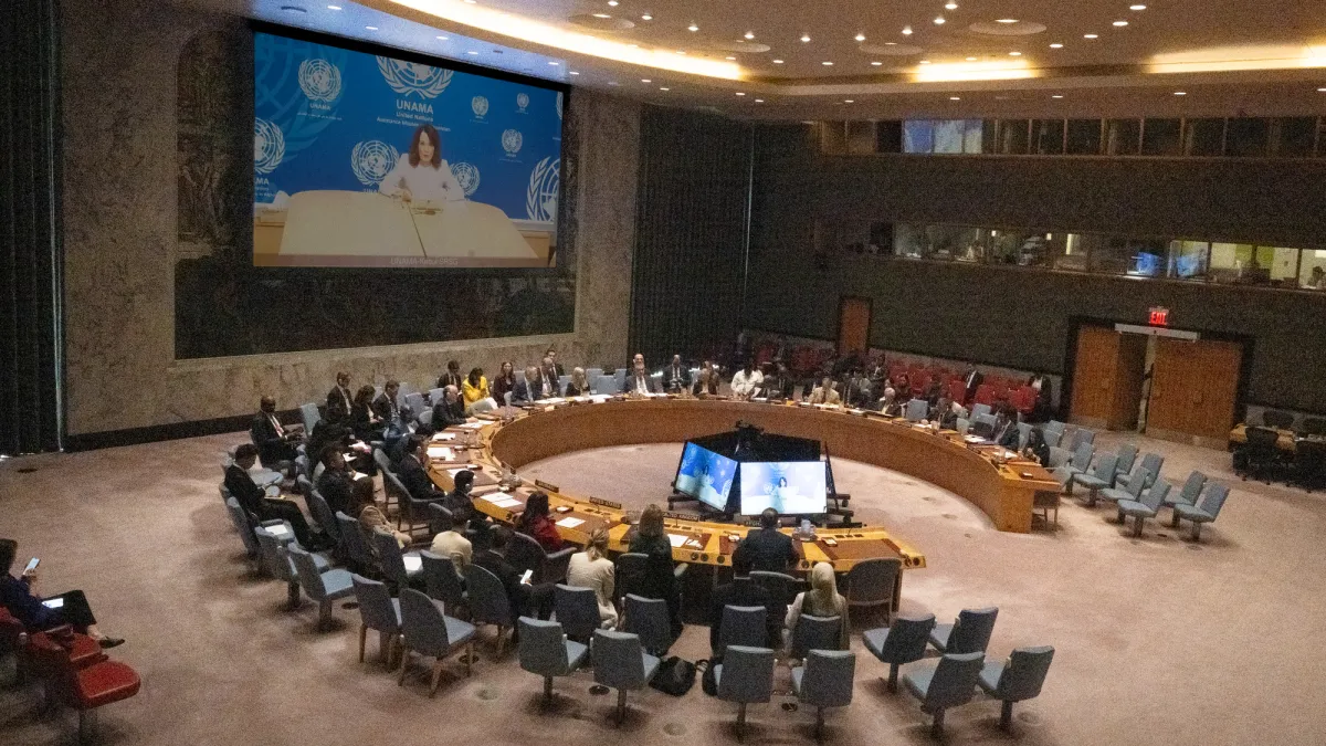 A wide shot of the Security Council as they discuss the situation in Afghanistan, featuring a briefing from Georgette Gagnon, Deputy Special Representative for Afghanistan, Officer-in-Charge of United Nations Assistance Mission in Afghanistan (UNAMA).