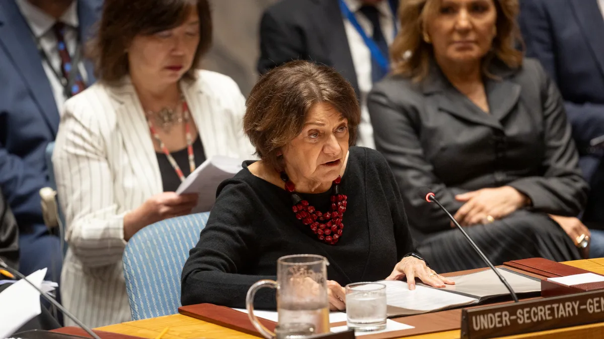 Rosemary DiCarlo, Under-Secretary-General for Political and PeacebuildingAffairs, briefs the Security Council meeting on maintenance of peace and security of Ukraine.