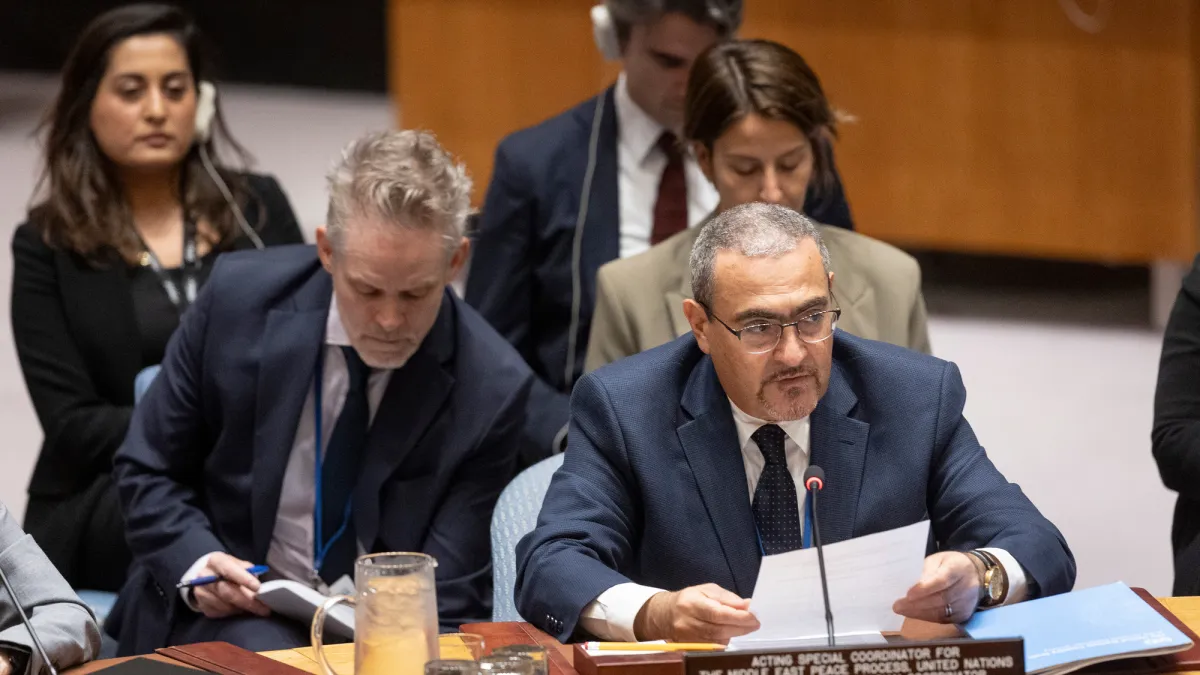 Ramiz Alakbarov, Acting Special Coordinator for the Middle East Peace Process, United Nations Resident and Humanitarian Coordinator, briefs the Security Council meeting on the situation in the Middle East, including the Palestinian question.