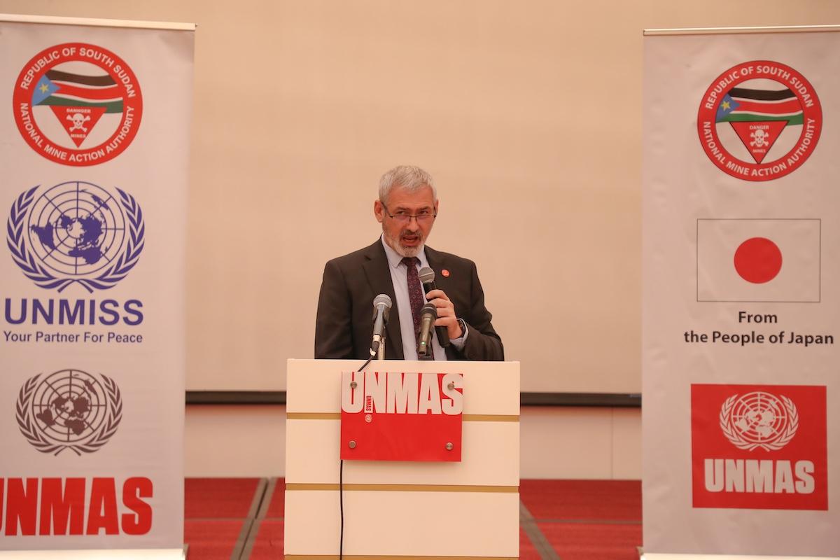 Zehrudin Sukanovic, Chief of the UN Mine Action Service in South Sudan giving a speech behind a podium