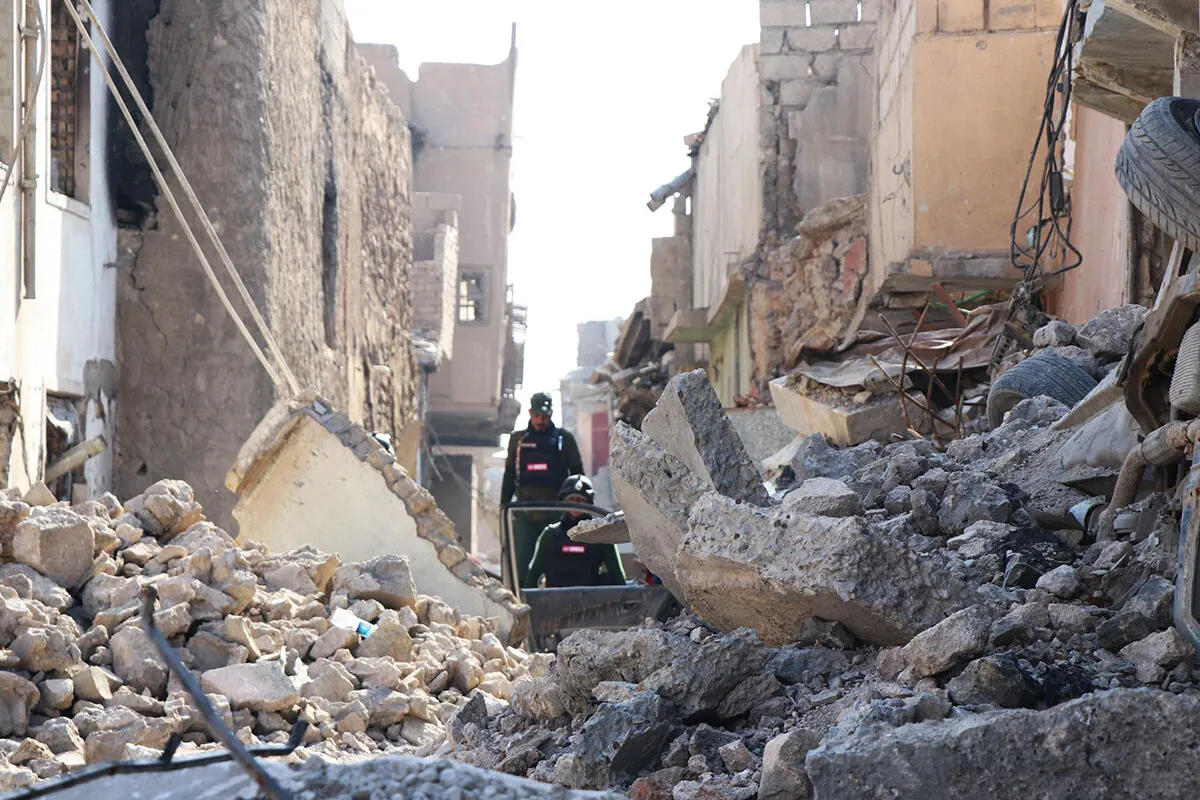 An UNMAS team in war-torn Mosul, Iraq, searches for, and clears, explosives in the rubble. Items hidden could be undetonated bombs, booby traps or suicide vests. Slow and dangerous work.