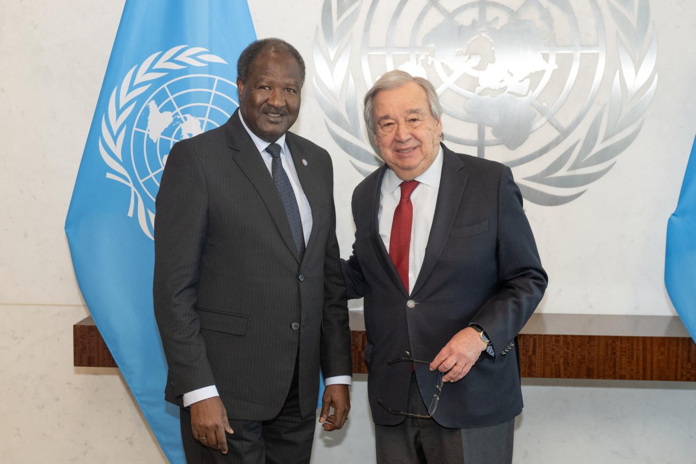 Abdou Abarry (left), Special Representative of the Secretary-General and Head of the United Nations Regional Office for Central Africa, pays a farewell call on Secretary- General António Guterres.