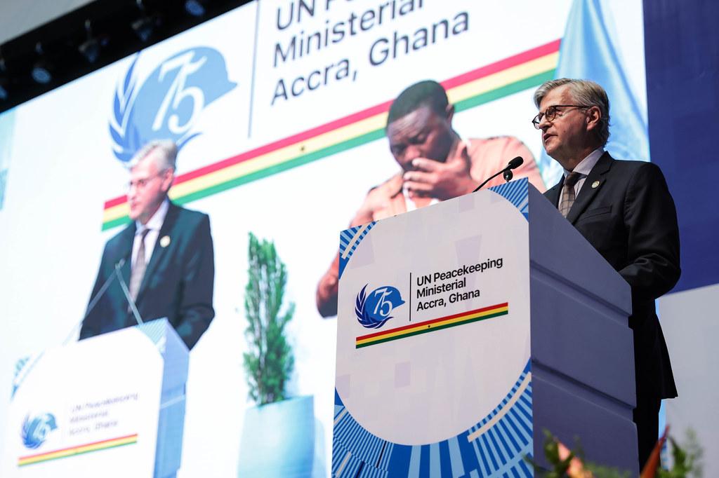 UN Under-Secretary-General for Peace Operations Jean-Pierre Lacroix delivers his opening remarks to welcome delegates at the 2023 Ghana UN Peacekeeping Ministerial.