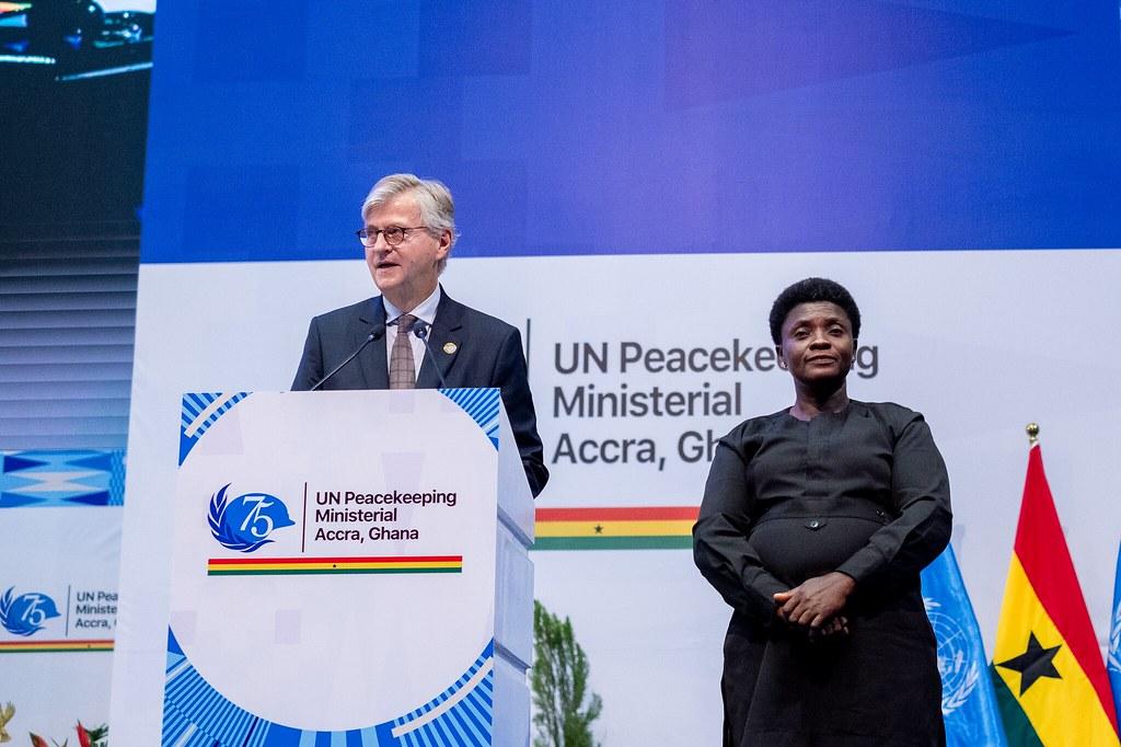 UN Under-Secretary-General for Peace Operations Jean-Pierre Lacroix delivers his closing remarks to welcome delegates at the 2023 Ghana UN Peacekeeping Ministerial.