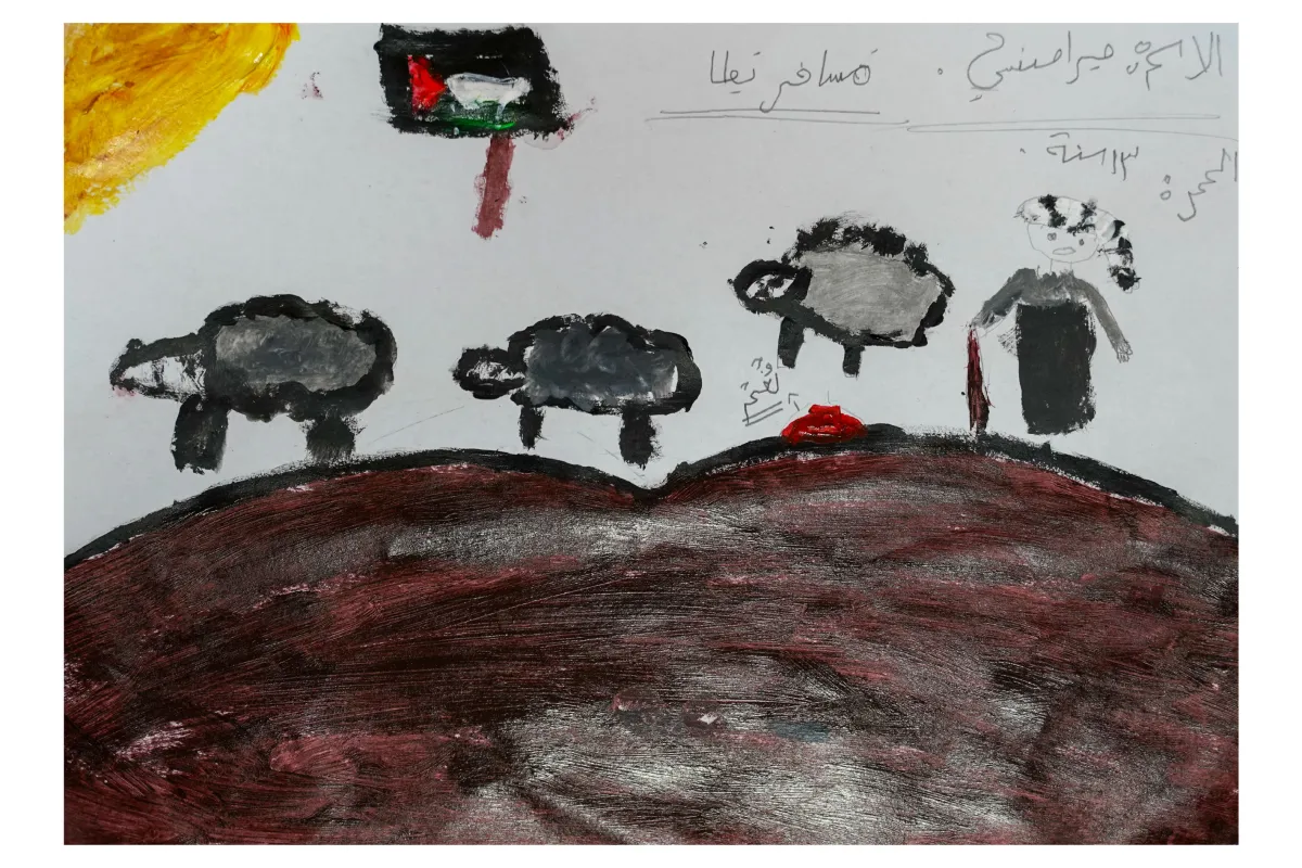 Dark painted scene of smoke clouds and a figure on mined scorched earth, with a sheep and a Palestinian flag