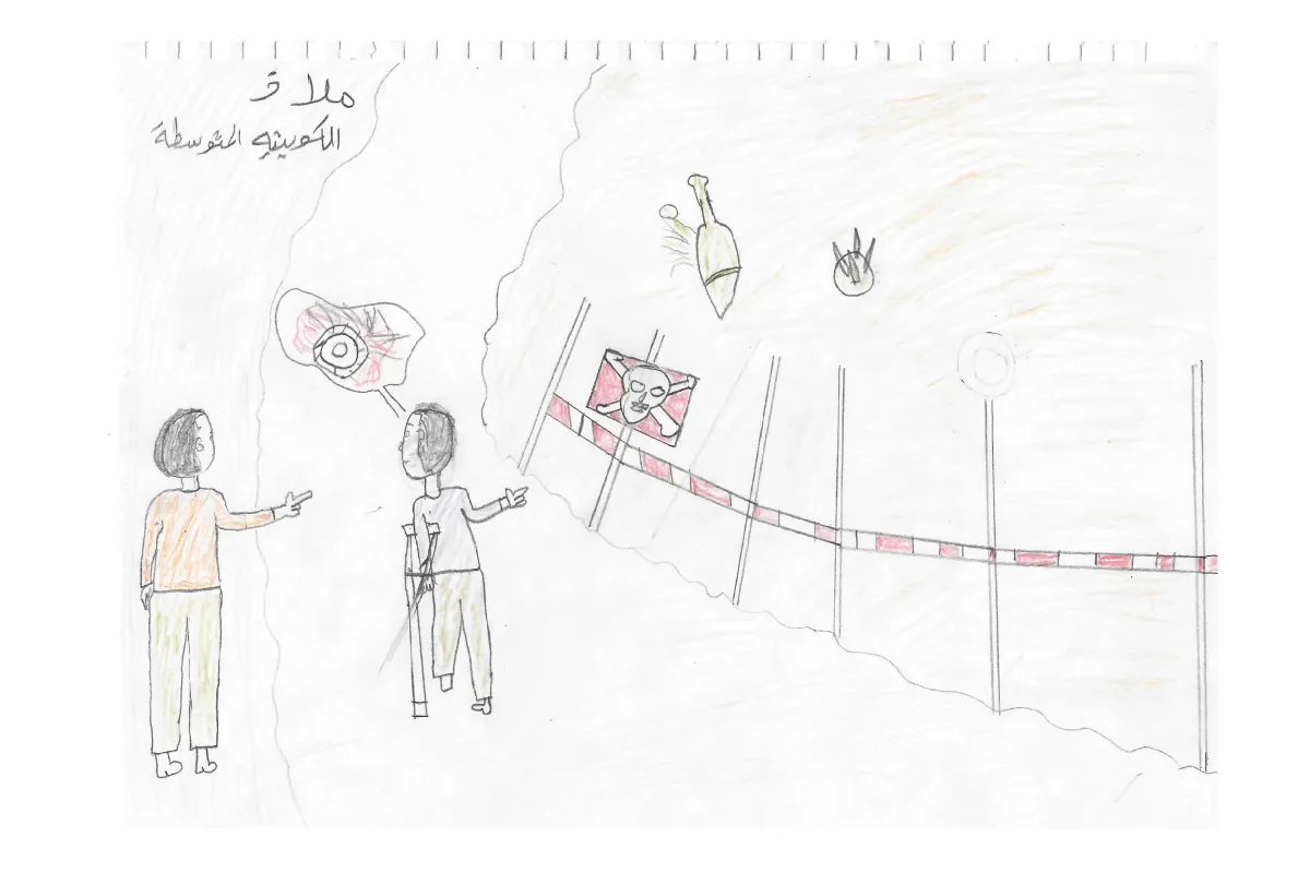 Malaz: Child's drawing of two figures pointing toward a warning barrier with explosive objects nearby