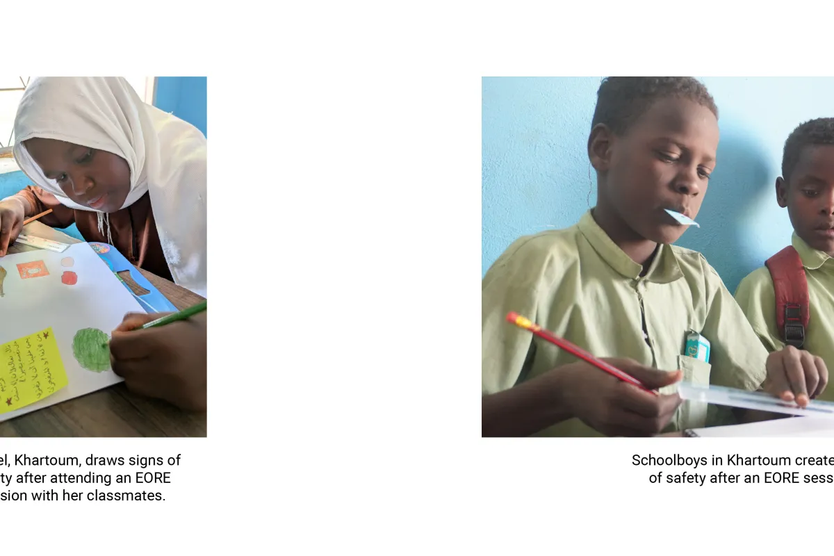 Tarteel, Khartoum, draws signs of safety after attending an EORE session with her classmates. | Schoolboys in Khartoum create signs of safety after an EORE session.  