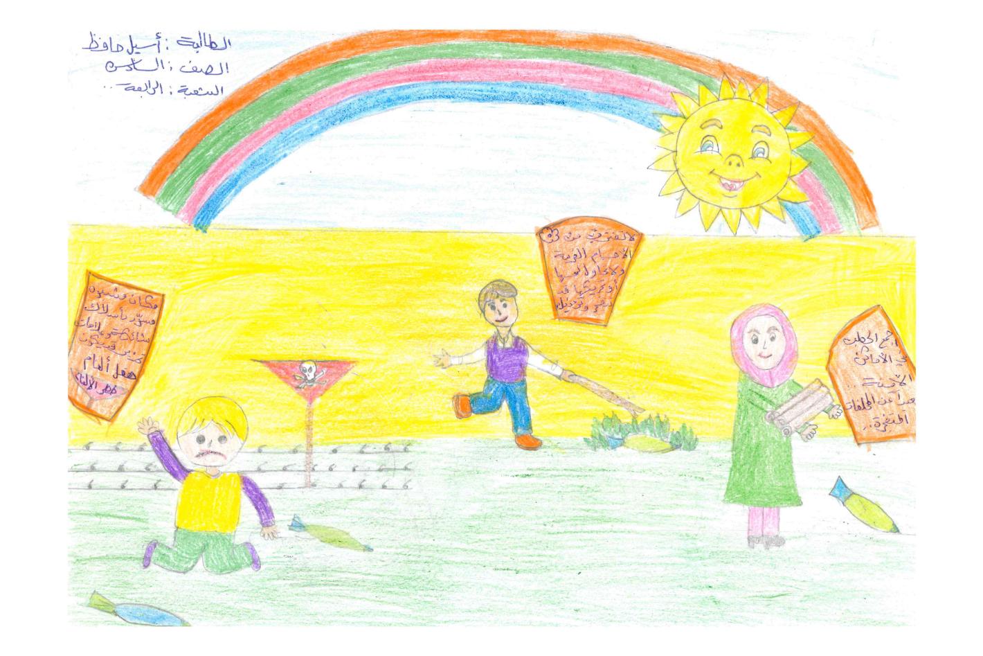 Asil: Child's drawing of three children under a rainbow, with warning signs and safety messages around them