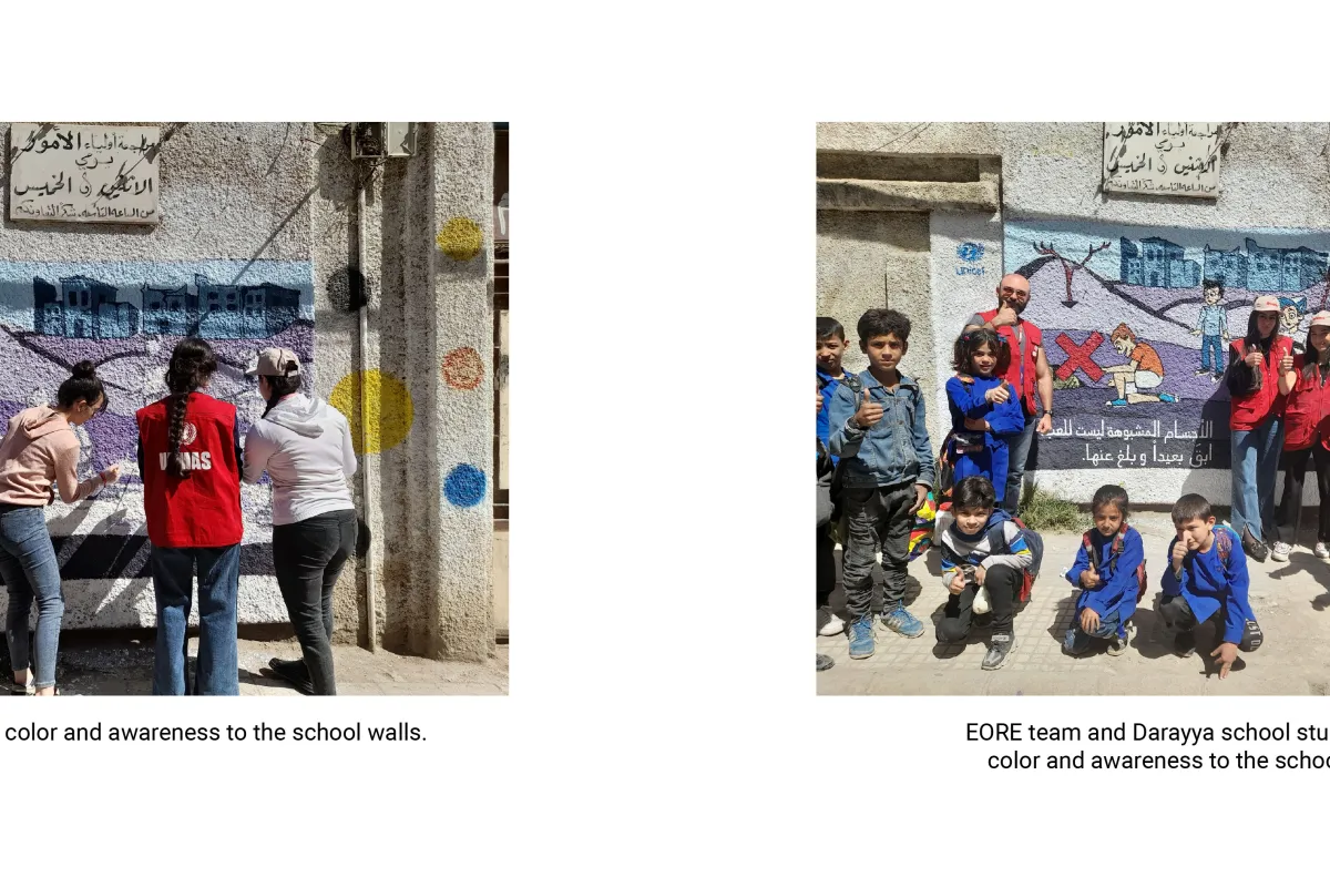 EORE team adds color and awareness to the school walls. | EORE team and Darayya school students add color and awareness to the school walls. 