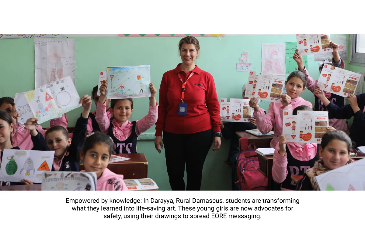 Empowered by knowledge: In Darayya, Rural Damascus, students are transforming what they learned into life-saving art. These young girls are now advocates for safety, using their drawings to spread EORE messaging.