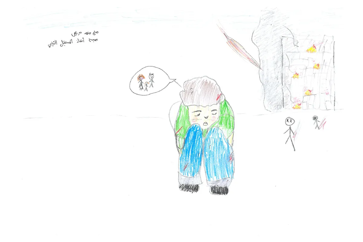 Child's drawing of a grieving boy, destroyed buildings, and fallen figures, dreaming of friends