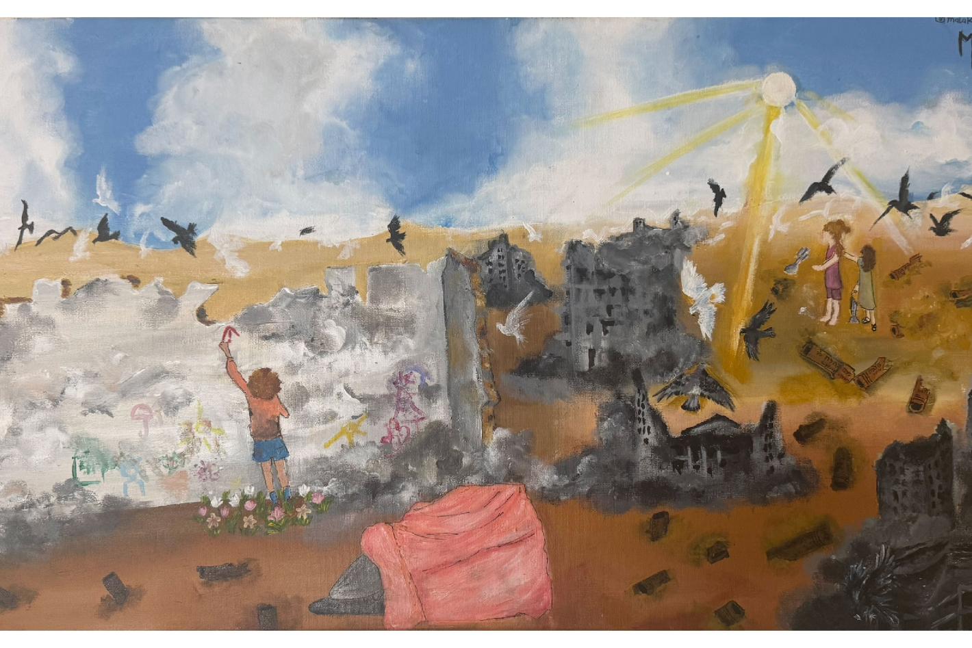 Painting of a child drawing on a wall amid ruins, with birds and two figures in a beam of light