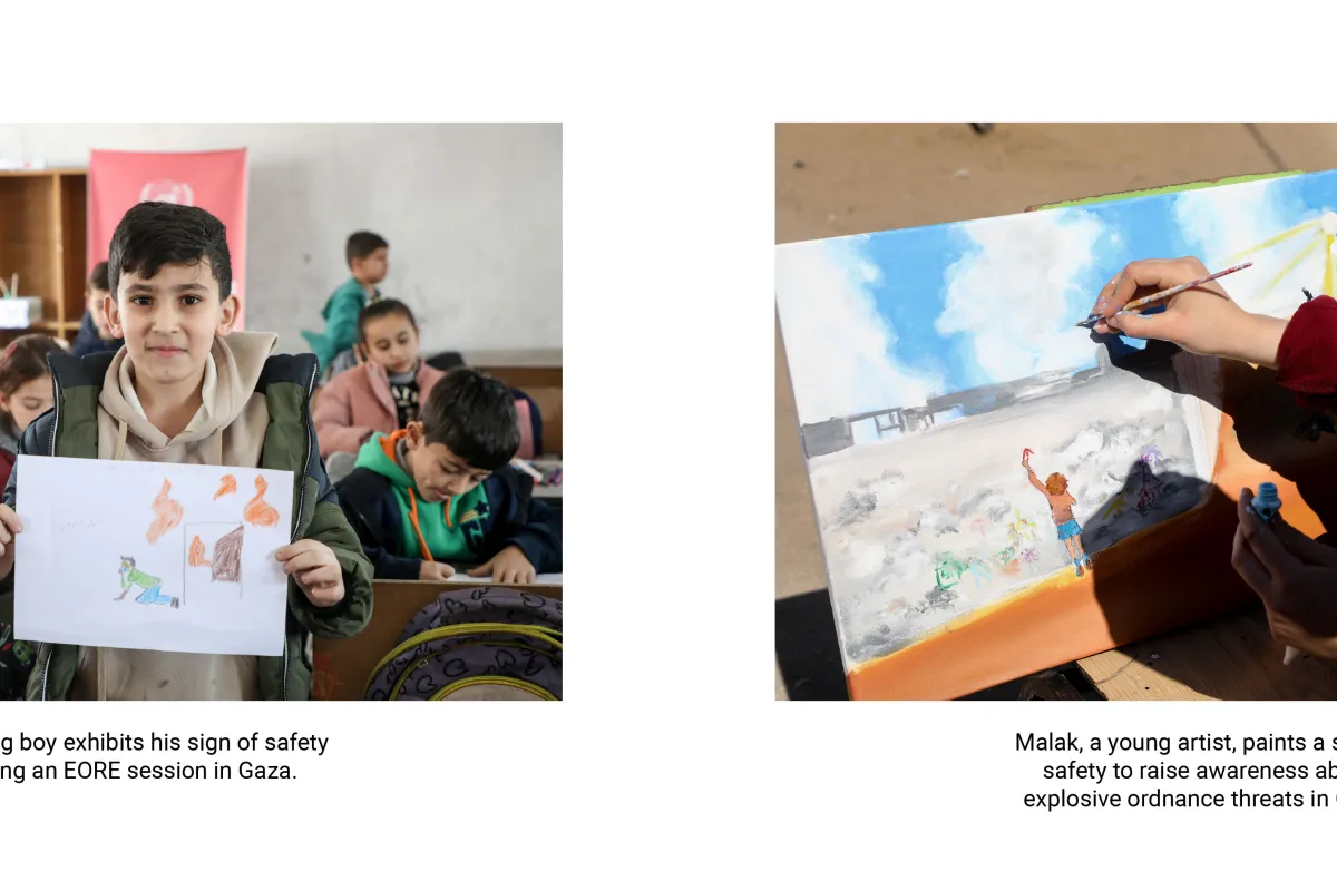 A young boy exhibits his sign of safety during an EORE session in Gaza. | Malak, a young artist, paints a sign of safety to raise awareness about explosive ordnance threats in Gaza. 