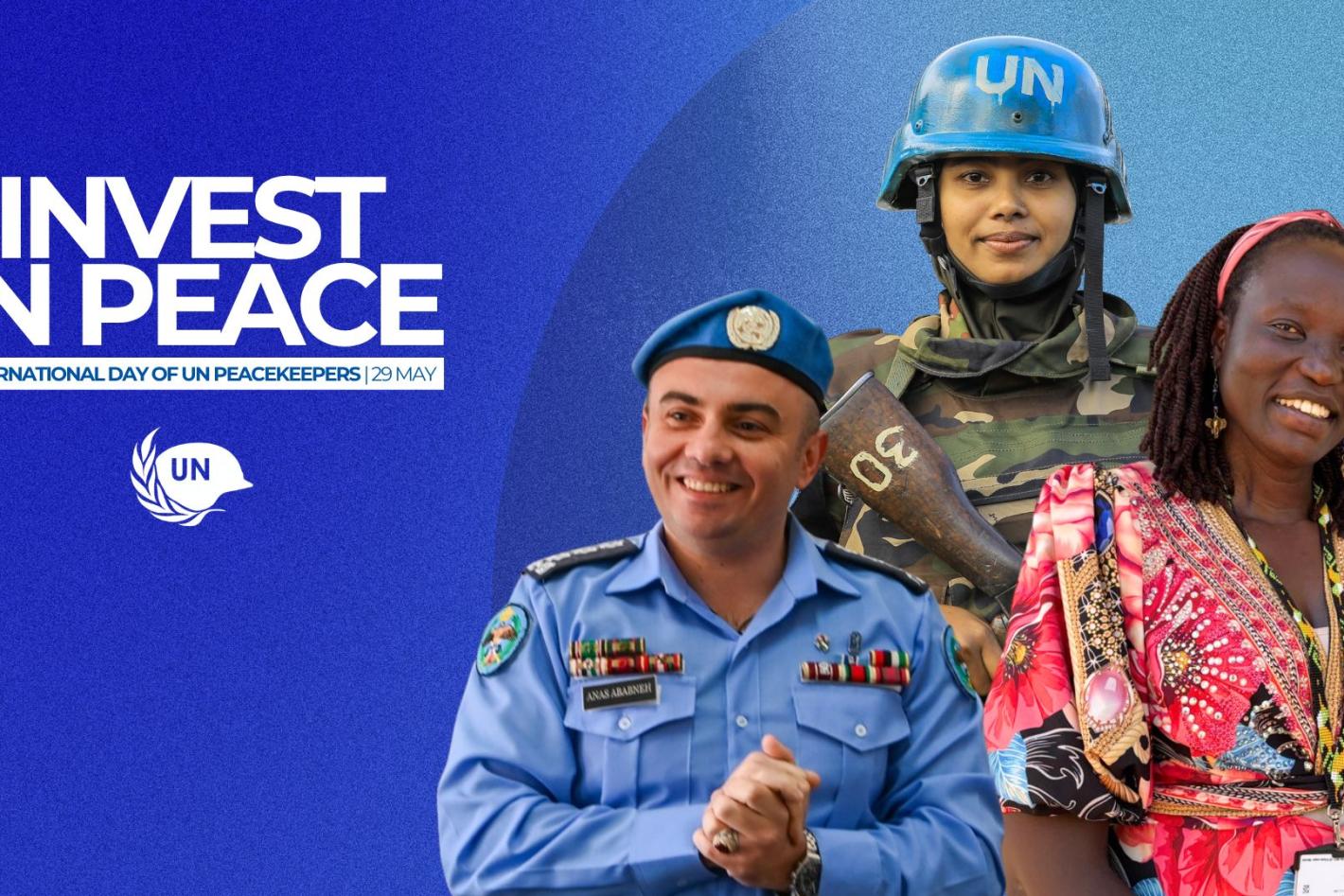 invest in peace banner featuring 3 peacekeepers