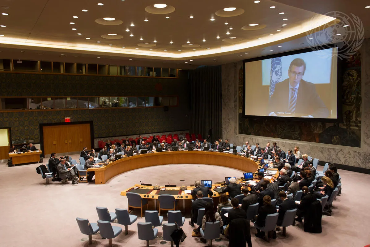 A wide view of the Security Council Chamber as Bernardino Léon (shown on screen), Special Representative of the Secretary-General and Head of the UN Support Mission in Libya (UNSMIL), briefs the Council via video conference on the situation in that country.