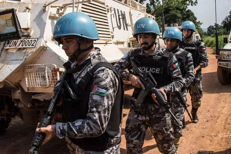 UN police officers from Jordan patrol in Bangui, the capital of the Central African Republic.