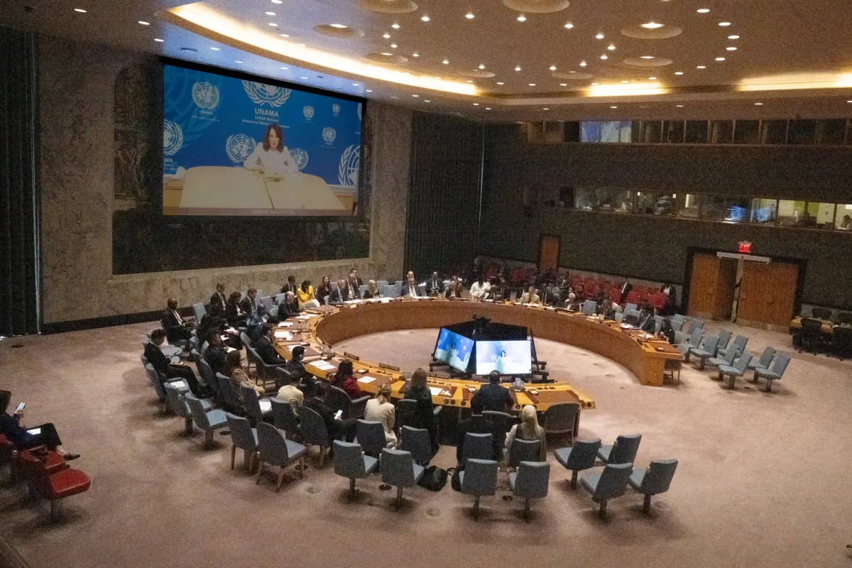 A wide shot of the Security Council as they discuss the situation in Afghanistan, featuring a briefing from Georgette Gagnon, Deputy Special Representative for Afghanistan, Officer-in-Charge of United Nations Assistance Mission in Afghanistan (UNAMA).
