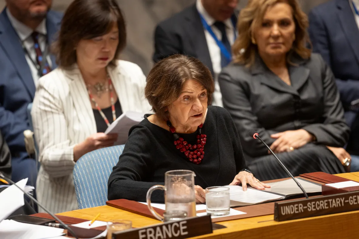 Rosemary DiCarlo, Under-Secretary-General for Political and PeacebuildingAffairs, briefs the Security Council meeting on maintenance of peace and security of Ukraine.
