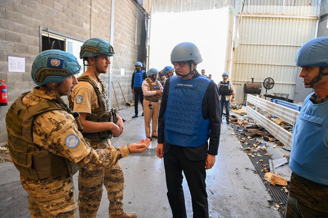 USG Lacroix also observed damage to the heavy vehicle workshop that was struck by a rocket on 29 October 2024, injuring several Austrian peacekeepers. Photo: UNIFIL