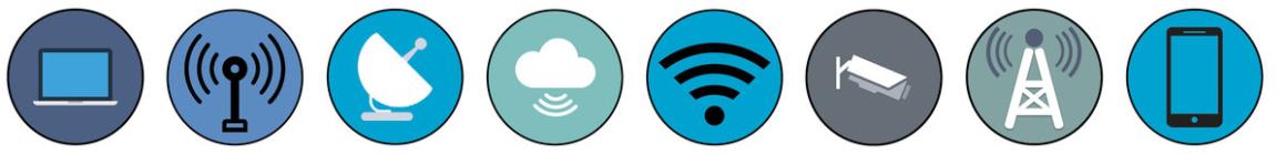 Decorative banner including a selection of icons indicating communication techonologies. Icons include a laptop, radio frequency, satellite, cloud technology, wi-fi symbol, CCTV camera, cellphone and a telephone cell tower.