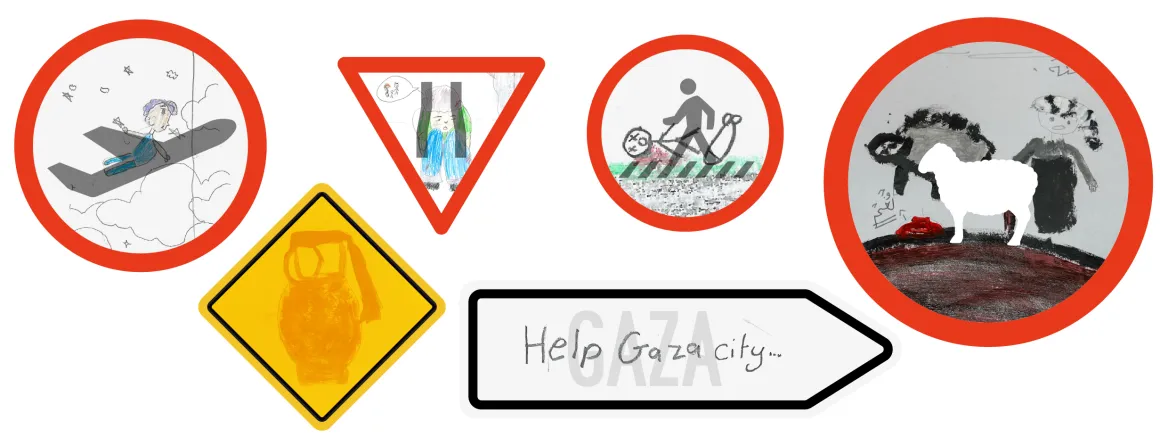 Stylized road signs combining children's illustration with official signography one would find in city streets.