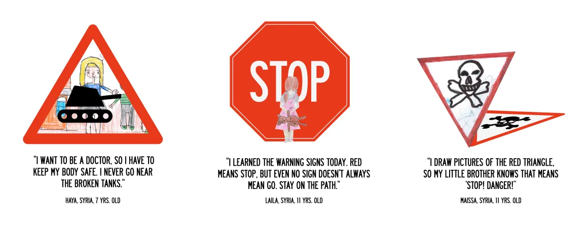 Three quotes by children in affected areas:  "I want to be a doctor, so I have to keep my body safe. I never go near the broken tanks." | "I learned the warning signs today. Red means stop, but even no sign doesn't always mean go. Stay on the path." | "I draw pictures of the red triangle, so my little brother knows that means 'Stop! Danger!”