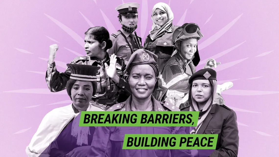 A collage of women working in security roles stand behind a banner that reads "breaking barriers, building peace"
