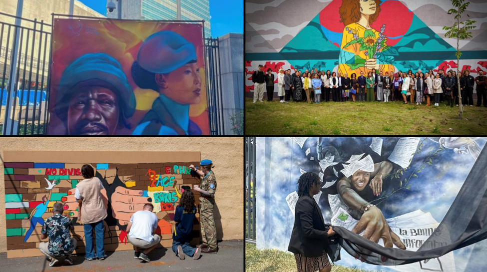 Compilation of photos of people creating street art with spray paint