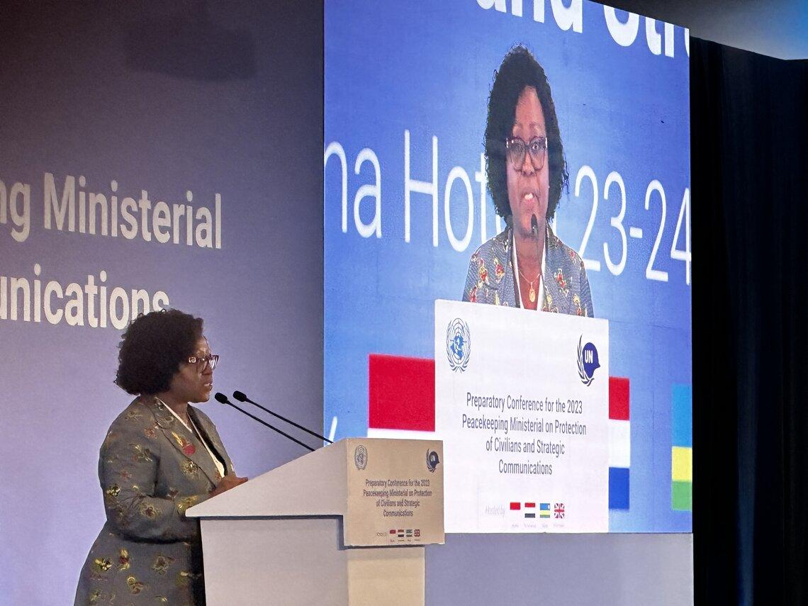Assistant Secretary-General for Africa Martha Pobee addresses the audience at the UN Peacekeeping Ministerial preparatory conference in Kigali, Rwanda on 23 October 2023. UN Photo/ Francesca Mold